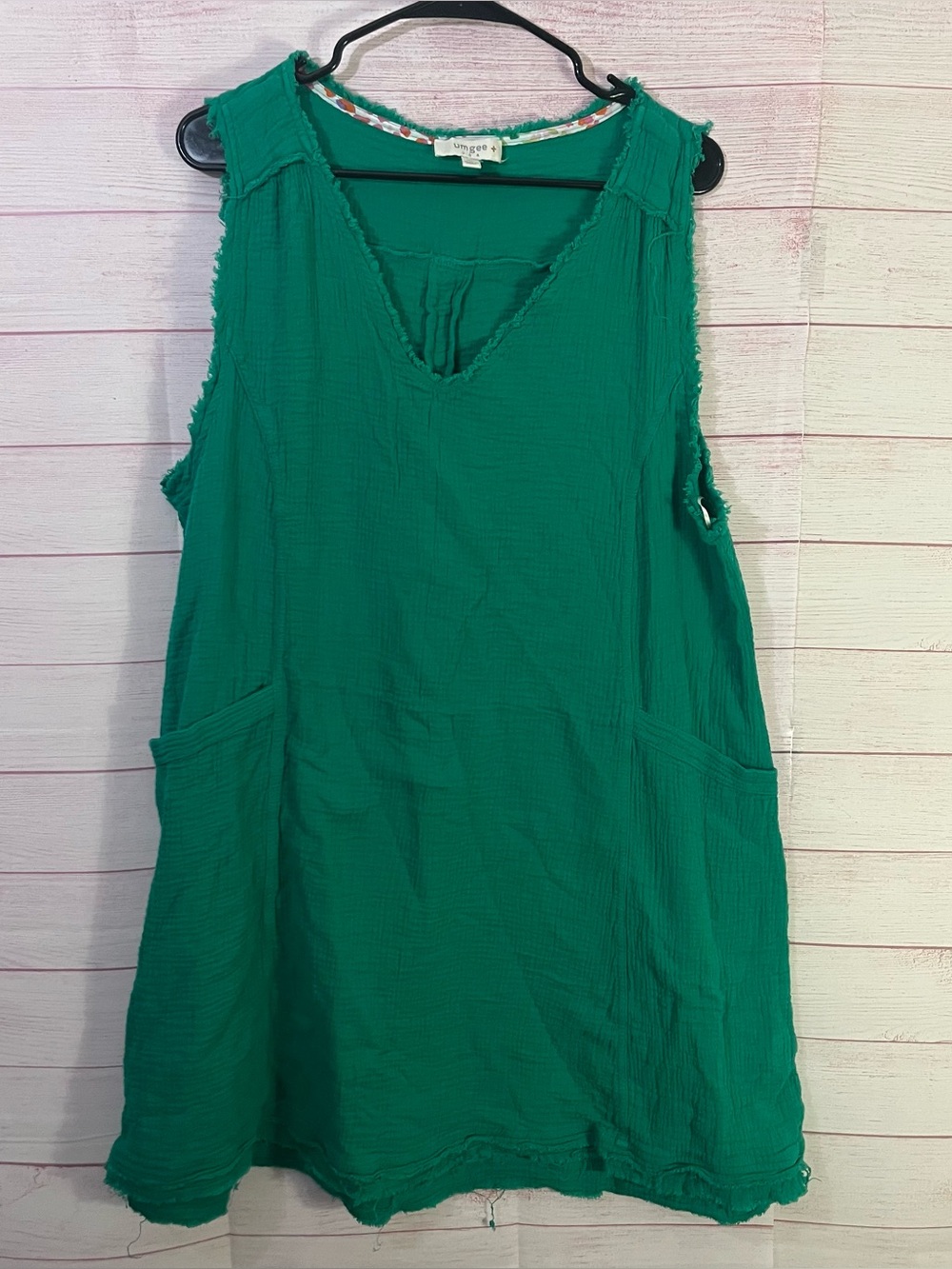 Umgee 100% Cotton‎ Green V-neckline Sleeveless Raw Frayed Edges Pocket Dress 1XL